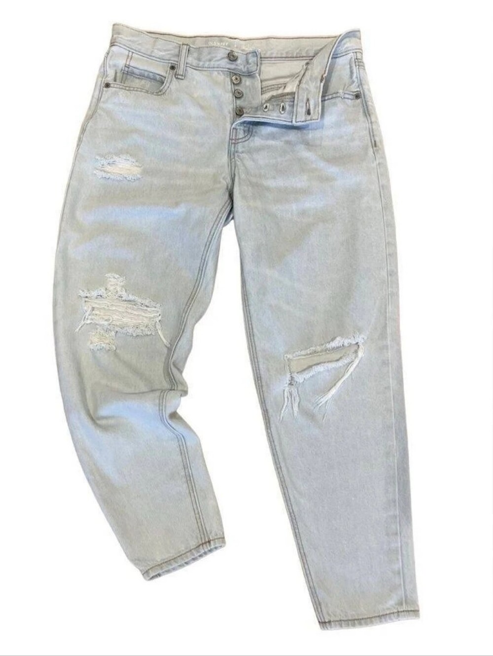 NWT Old Navy Mid-Rise Light Wash Distressed Slouchy Taper Button-Fly Jeans 14